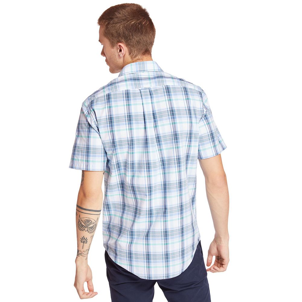 Timberland Mens Shirts Short-Sleeve Indian River Madras - Blue/White - India GB1862034